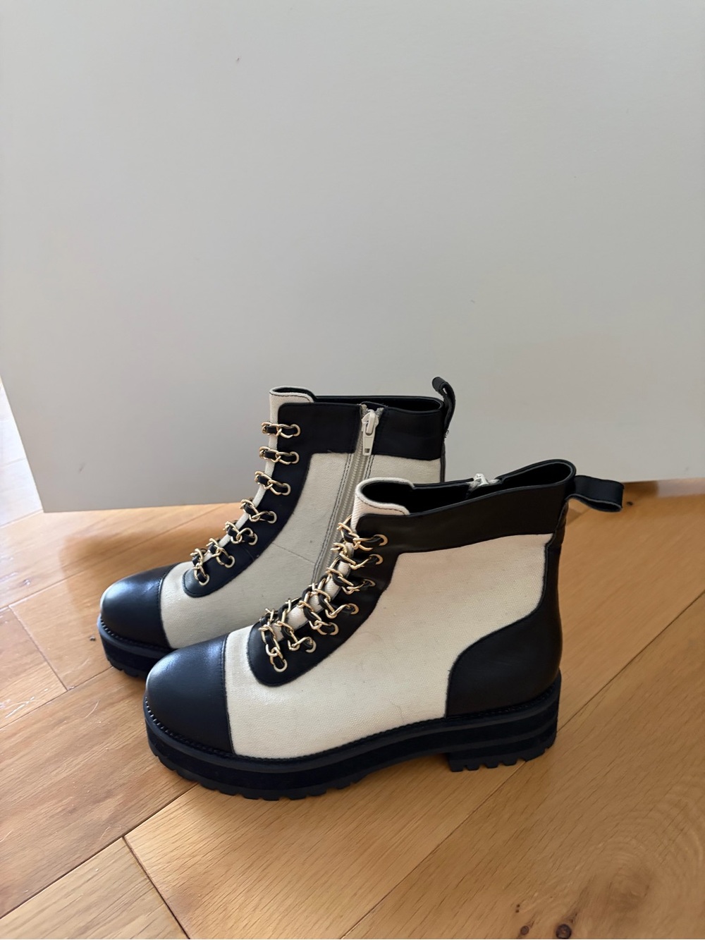 CECILIA NEW YORK Black and Cream Lace-Up Platform Ankle Boots
